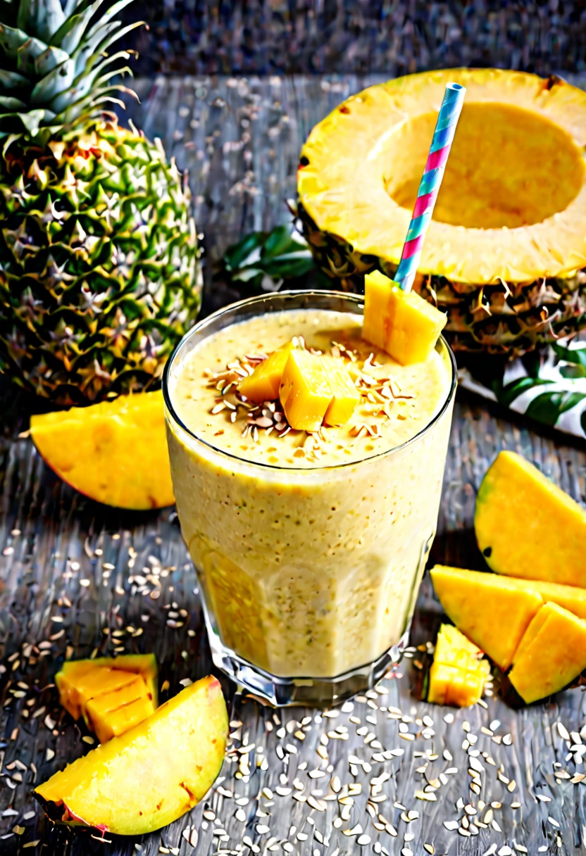 RAW photo, mango pineapple smoothie, hot summer day, food photo, DSLR, mango chunks and pineapple slices garnish, soft lighting, high quality, film grain, Fujifilm XT