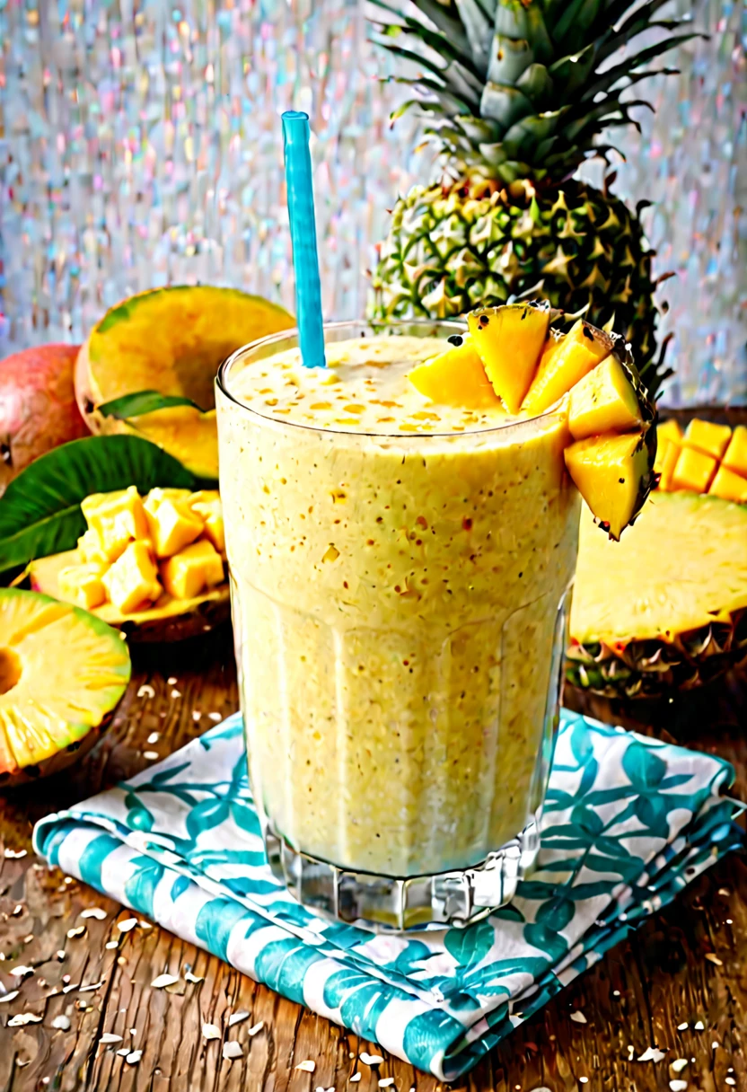 RAW photo, mango pineapple smoothie, hot summer day, food photo, DSLR, mango chunks and pineapple slices garnish, soft lighting, high quality, film grain, Fujifilm XT