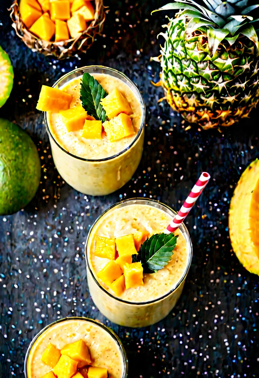 RAW photo, mango pineapple smoothie, hot summer day, food photo, DSLR, mango chunks and pineapple slices garnish, soft lighting, high quality, film grain, Fujifilm XT