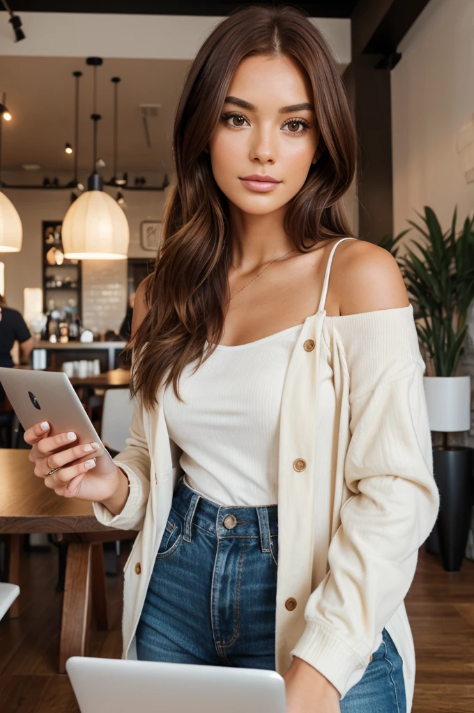 Upscale Coffee Shop: A sophisticated woman with warm brown eyes, soft features, and shoulder-length auburn hair works on her laptop in a cozy yet stylish coffee shop. She wears a smart-casual outfit and sips on a latte, radiating creativity, aesthetic , minimalistic, hyper realistic, cinematic, super realistic, 8k quality, HD quality, super detailed , ultra detailed, minimalist ,bad bitch