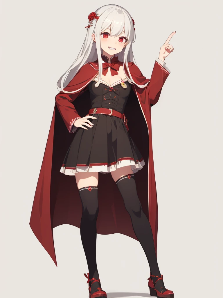 masterpiece, best quality, game_cg, (((loli))), mesugaki, long hair, white hair, laughing, red eyes, small breasts, robe, cape,