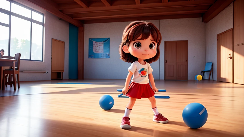 In a brightly lit gymnasium, a little girl stands at the ping pong table, holding a paddle, ready to practice. She is dressed in comfortable sportswear, looking very relaxed and at ease. The ping pong table is positioned in the center of the area, with clear markings on the floor. The little girl is focused on the ball on the table, her movements full of energy. A few spectators are seated quietly in the stands nearby, watching her intently and cheering for her efforts. The entire environment is clean and well-organized, filled with light and dynamism.