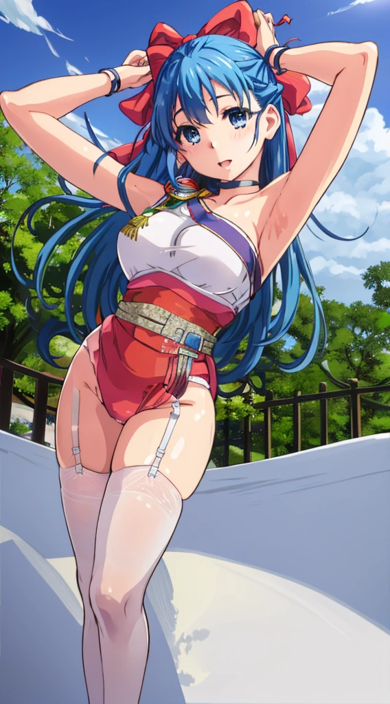 Without skirt、White underwear、In underwear、Panties in full view、White panties、Blue Stripes々Large bra 1, 1girl, asahina mikuru, long hair, kita high , solo,  short sleeves, red ribbon, large breasts, cowboy shot, waving, outdoors, leaning forward,Underwear in full view