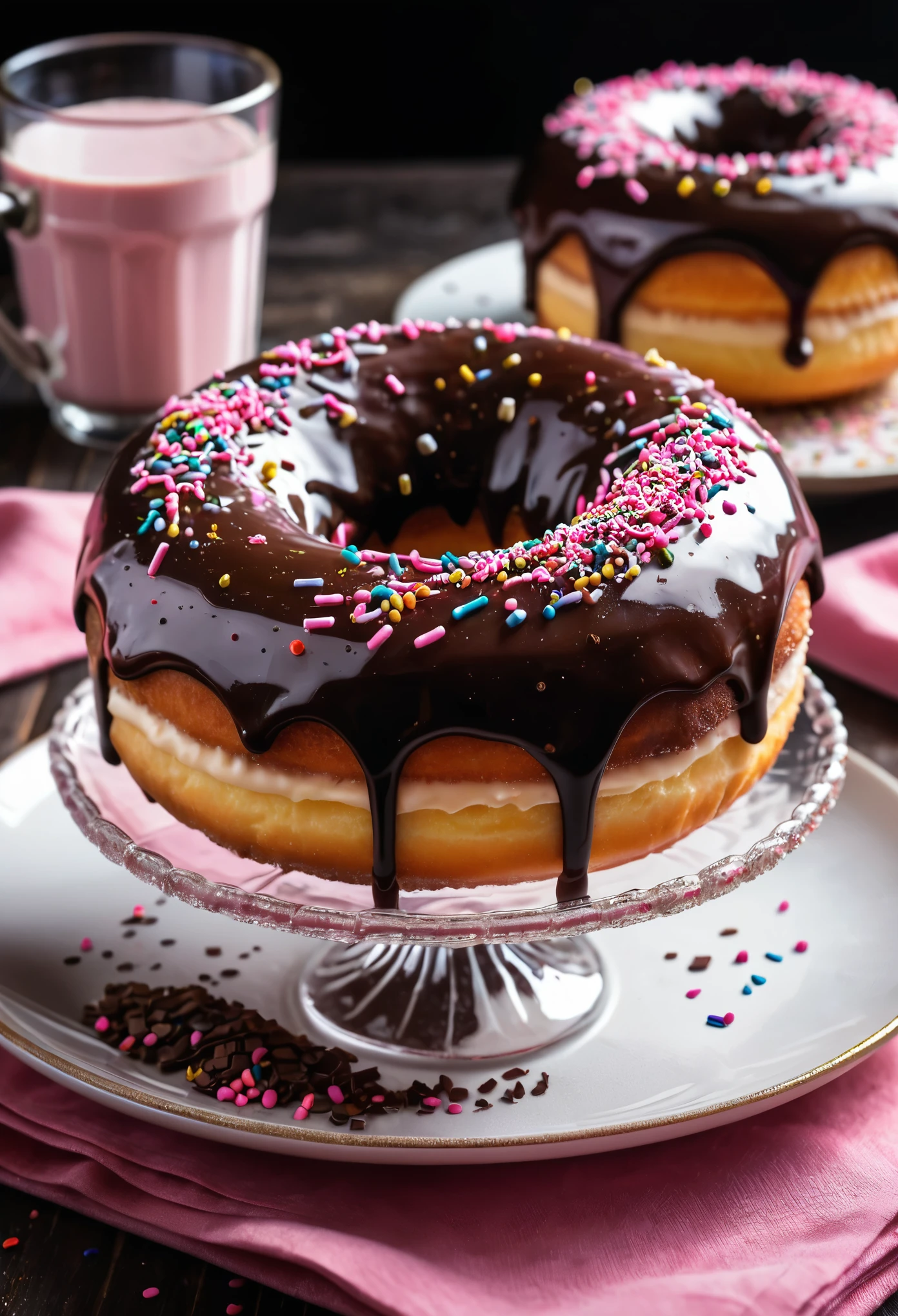magic doughnut on dish glassed with pink and chocolate, sprinkles, delicious, perfect baked , OverallDetail-SDXL, extremely detailed, UHD,(long exposure , dystopian but extremelybeautiful:1.4), devils contract, bokeh,crystal cake, 