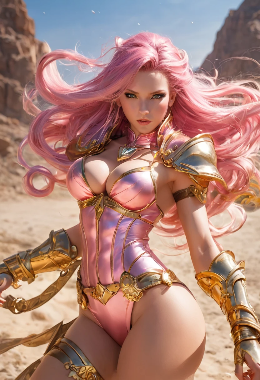 BEAUTIFUL PINK HAIR BOMBSHELL FEMALE GODDESS, TOO HUGE LONG HAIR, TOO VOLUMOUS HAIR, WIND EFFECT, LIGHT GRAY EYES, FACE MAKEUP, PALE SKYN, ROSY CHEEKS, MENTAL FORAMEN, TRIANGULAR FACE, ANGRY FACE EXPRESSION, STRAPLESS CLEAVAGE, BLUE LEATHER BODYSUIT, GOLDEN DETAILS, GOLD HEADBAND, GOLD GAUNTLETS, LONG GOLDEN GAUNTLETS, GOLD CHOKE COLLAR, GOLD SANDALS, STRONG ATHLETIC BODY, MUSCLES, ARMS, DETAILED DELTOIDS, THICK GORGEOUS THIGHS, DETAILED QUADRICEPS, ABDOMEN, DEEP DESERT, ROCKY MOUNTAINS, SUN, BACKLIGHTS, MASTERPIECE, ACCURATE IMAGE