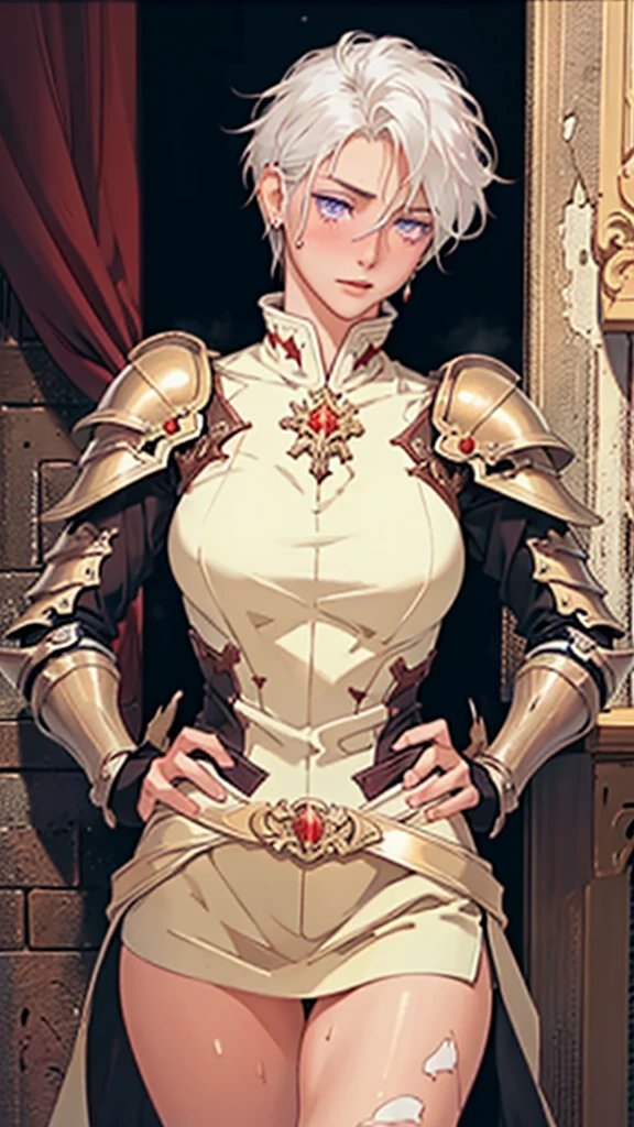 ((((masterpiece, best quality, high resolution)))), Extremely detailed 8K, Beautiful girl with voluptuous body, (Ultra HD, Ultra-detailed, Highly detailed, Highly realistic, Ultra-realistic, photograph realistic), (1girl:1.5), (Realistic white hair), (short wavy hair, hair ornaments, earrings), (dynamic poses), facing at camera, looking at viewer, (blushing red, embarrassed), (purple eyes, sharp eyes), (perky breasts:1.2), (beautiful detailed face, beautiful detailed eyes), ((broken armour, breasts plate, thighs)), (standing up), sweat, glow, (sunbeam, sunlight), ((cowboy shot)), inside dungeon, seductive