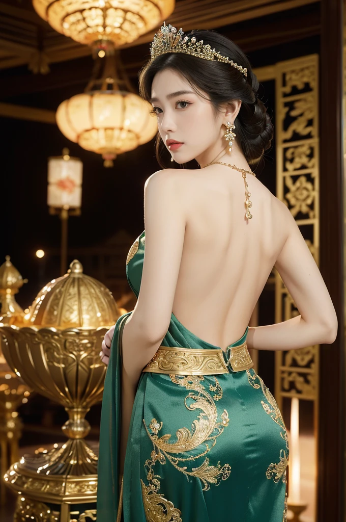 (((best quality))),(((ultra detailed))),(((masterpiece))),illustration,1 girl,solo,slim,thin,shoulder length straight bob hair,earrings,necklace,Asian appearance,princess,royal,Chinese palace,night scene,magnificent dragon gown,golden crown,intricate embroidery,luxurious fabric,precious stones,metallic throne,decorative patterns,rich decorations,luxurious furnishings,regal charm,beautiful face,gentle smile,bright eyes,historical,traditional,city lights,modernity,frozen moment,beauty of the past,evolution of time,from back,upper body,standing,((bare back,towering hips,butt crack))