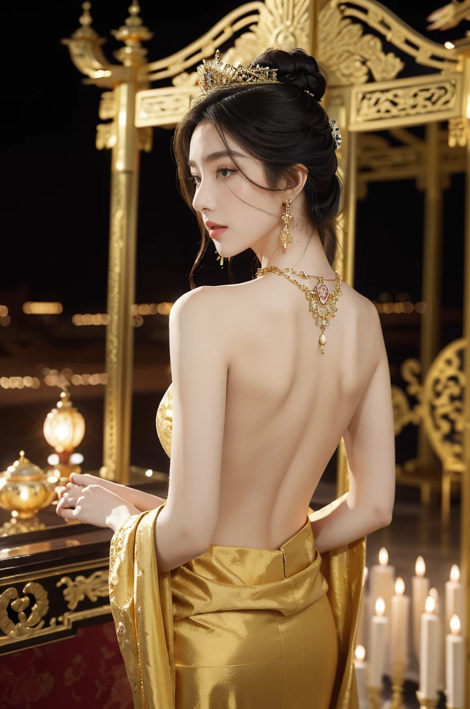 (((best quality))),(((ultra detailed))),(((masterpiece))),illustration,1 girl,solo,slim,thin,shoulder length straight bob hair,earrings,necklace,Asian appearance,princess,royal,Chinese palace,night scene,magnificent dragon gown,golden crown,intricate embroidery,luxurious fabric,precious stones,metallic throne,decorative patterns,rich decorations,luxurious furnishings,regal charm,beautiful face,gentle smile,bright eyes,historical,traditional,city lights,modernity,frozen moment,beauty of the past,evolution of time,from back,upper body,standing,((bare back,towering hips,butt crack))