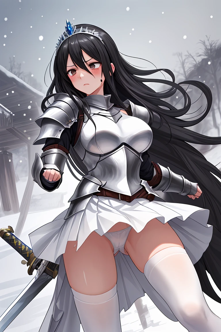 female knight Silver Armor Large sword Black Hair tiara Beautiful breasts Shortcuts Torn white miniskirt White panties Torn white tights battlefield snow Bleeding injury A regretful look