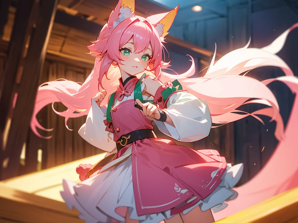 kitsune idol in a tavern, foxgirl, pink fox ears, pink fox tails, pink hair, green eyes, light blue idol dress, tavern background, high quality, masterpiece