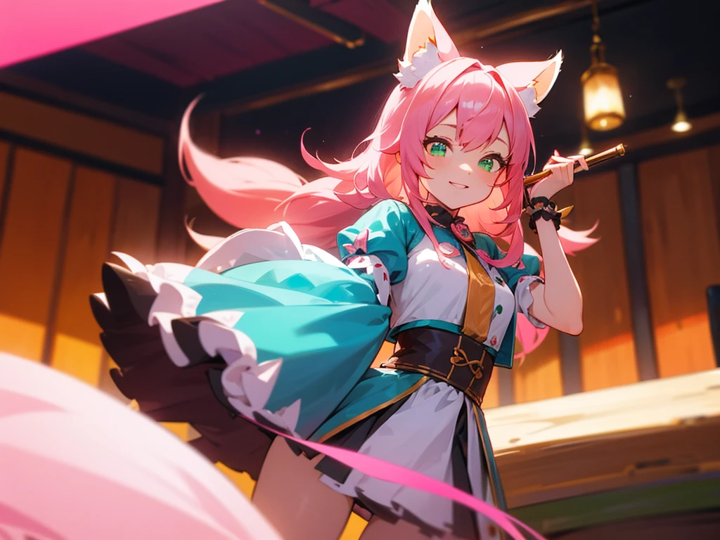 kitsune idol in a tavern, foxgirl, pink fox ears, pink fox tails, pink hair, green eyes, light blue idol dress, tavern background, high quality, masterpiece