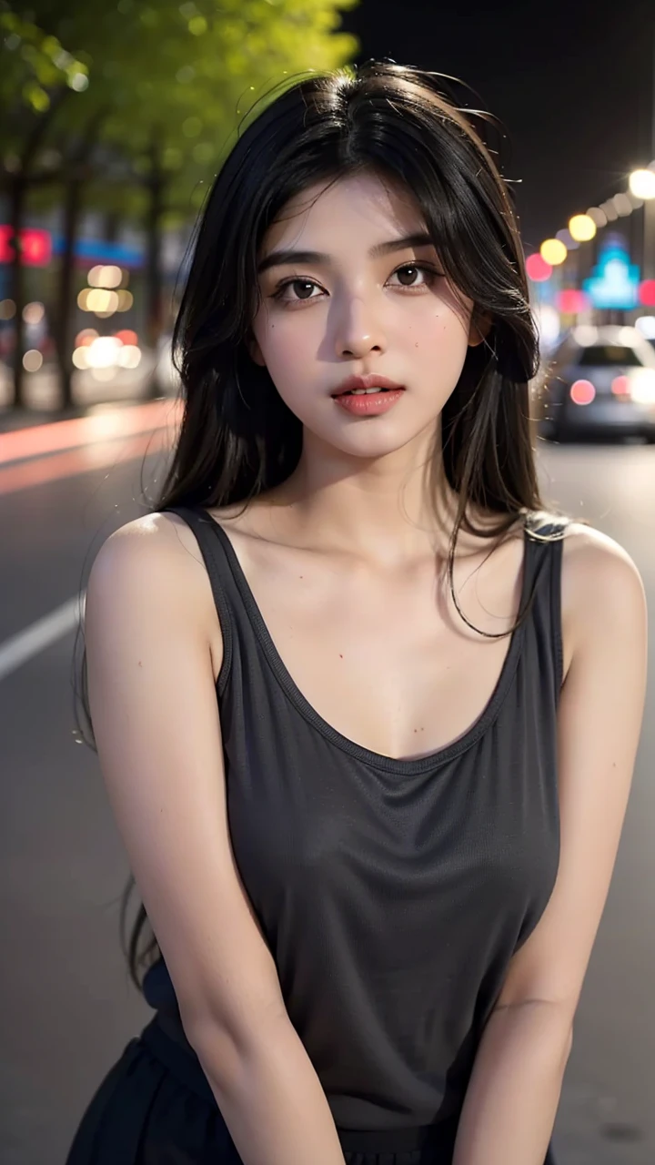 (((desi girl))), chubby face, natural skin, wearing a grey t-shirt and black skirt, charming black hair with ((hair ends are blonde)), playing badminton, mall background with shops.