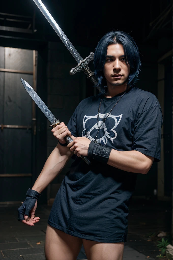 Anime boys with dark blue hair, pick a sword, slashing the demons pose