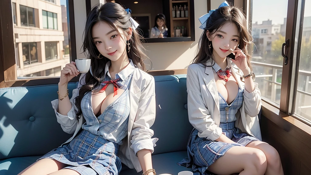 8K、RAW Photos、Highest quality、Super detailed、Super Resolution、Ultra HD、8K壁紙、Amazing details American blazer uniform girl ((White blouse with formal collar, Blue blazer, Blue plaid skirt, Red checkered ribbon on blouse)), Complete limbs, Full Finger,
((Inside the Starbucks store))、16 year old female student、((Eat cake、Drink coffee、smile))、Heart Necklace、Gold bracelet
((Emphasize cleavage))
(((Woman sitting at the window seat)))