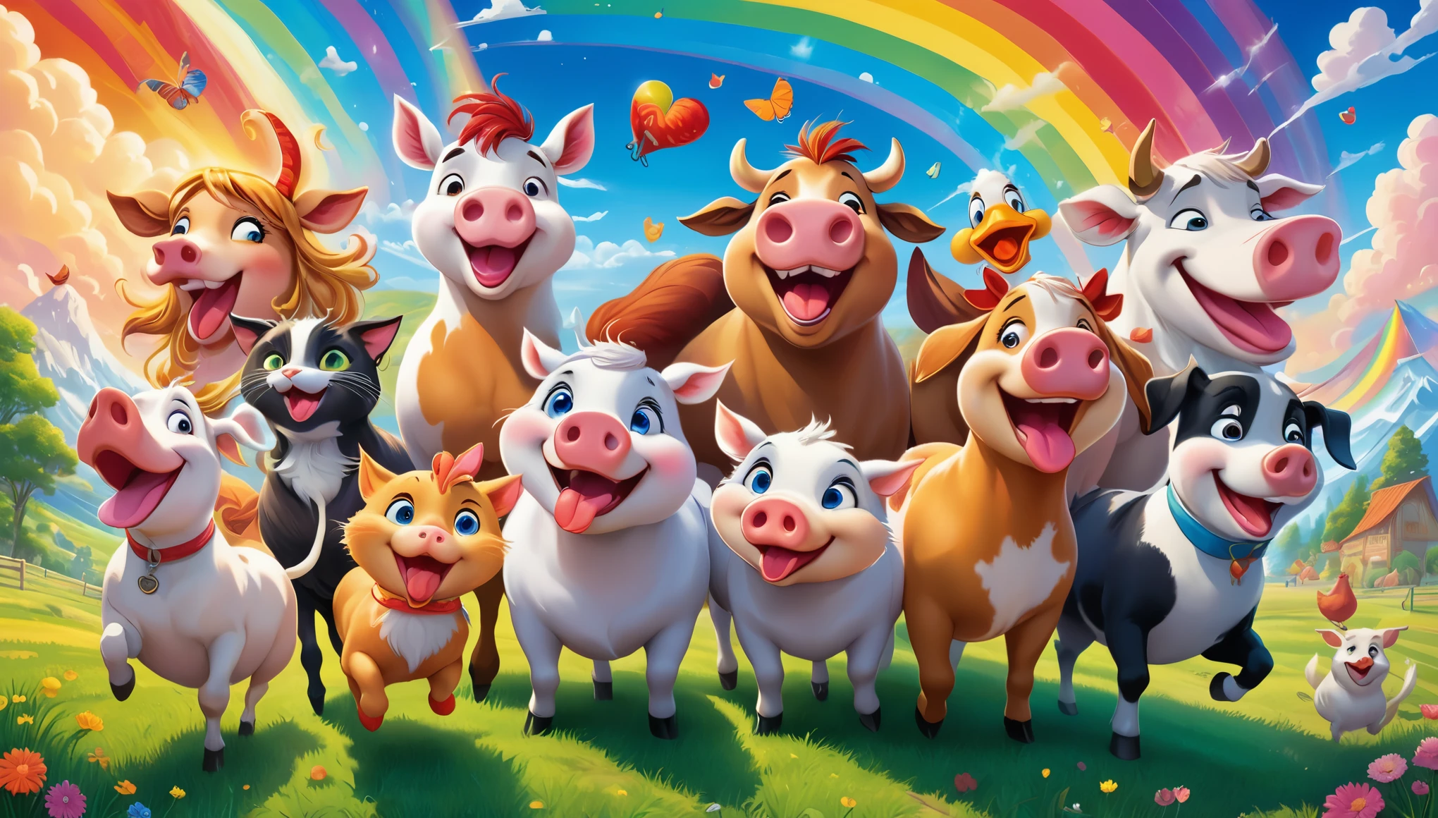 A vibrant and humorous scene with a group of laughing anime-style characters surrounding a comically exaggerated cow, pig, horse, dog, cat and chicken with spiraled eyes and a large, drooling tongue. The characters display various expressions of amusement, some pointing and laughing, others covering their mouths. The background features a bright, colorful sky with radiant sun rays, blossoming cherry trees, and a rainbow. The setting appears to be a park or outdoor area with lush green grass. The characters wear casual modern clothing, with vivid colors and detailed textures. The overall style is highly saturated, energetic, and cartoonish, capturing a fun and playful atmosphere.