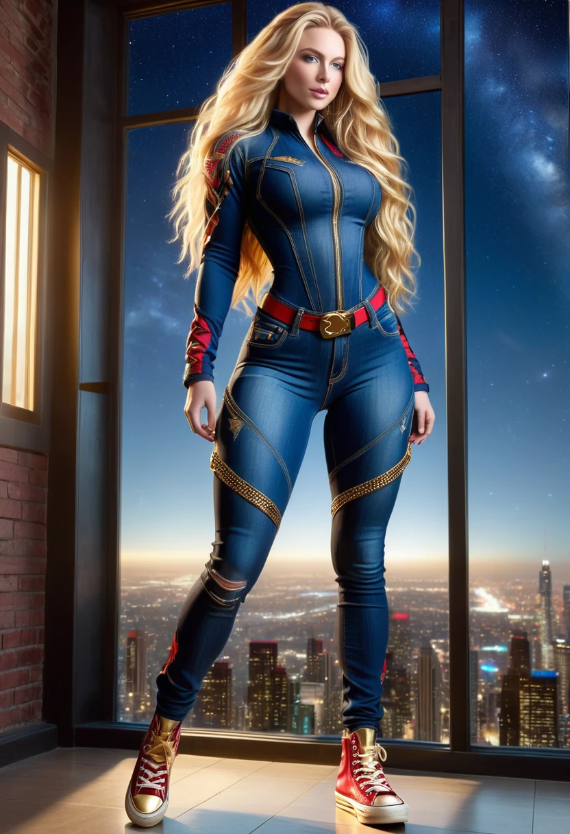 BOMBSHELL BLONDE WOMAN, WARRIOR FEMALE ON BLUE JEANS JUMPSUIT, VERY PALE SKIN, BLUE EYES, HIGH CHEEKBONES, ROSY CHEEKS, MENTAL FORAMEN, HUGE LONG BLONDE HAIR, DREAD HAIRSTYLE, LONG JEANS DREADS ON LONG BLONDE HAIR, THONG LEOTARD ARMOUR, JEANS LONG SLEEVES, JEANS TEXTURE, GOLD DETAILS ON JEANS, JEANS BODYSUIT, NECK BODYSUIT, GOLD GAUNTLETS, RED BELT, GOLD BUCKLE, RED CONVERSE ALL STAR SHOES, ATHLETIC CURVY BODY, DETAILED QUADRICEPS, MUSCLES, SIDE BODY VIEW, FULL BODY PERSPECTIVE, DARK HALL, HUGE WINDOWS, NIGHT SKY, ACCURATE IMAGE, MASTERPIECE.