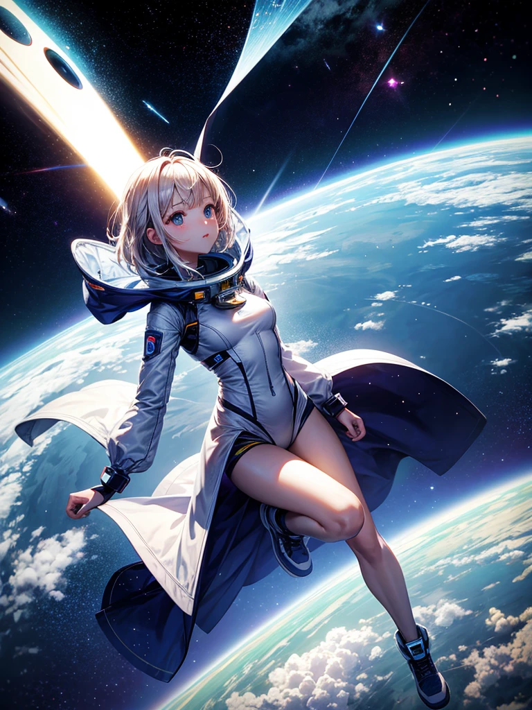 Highest quality,Highest Resolution,A beautiful android girl flying in space,Earth in the background,Equipped with cutting-edge technology,