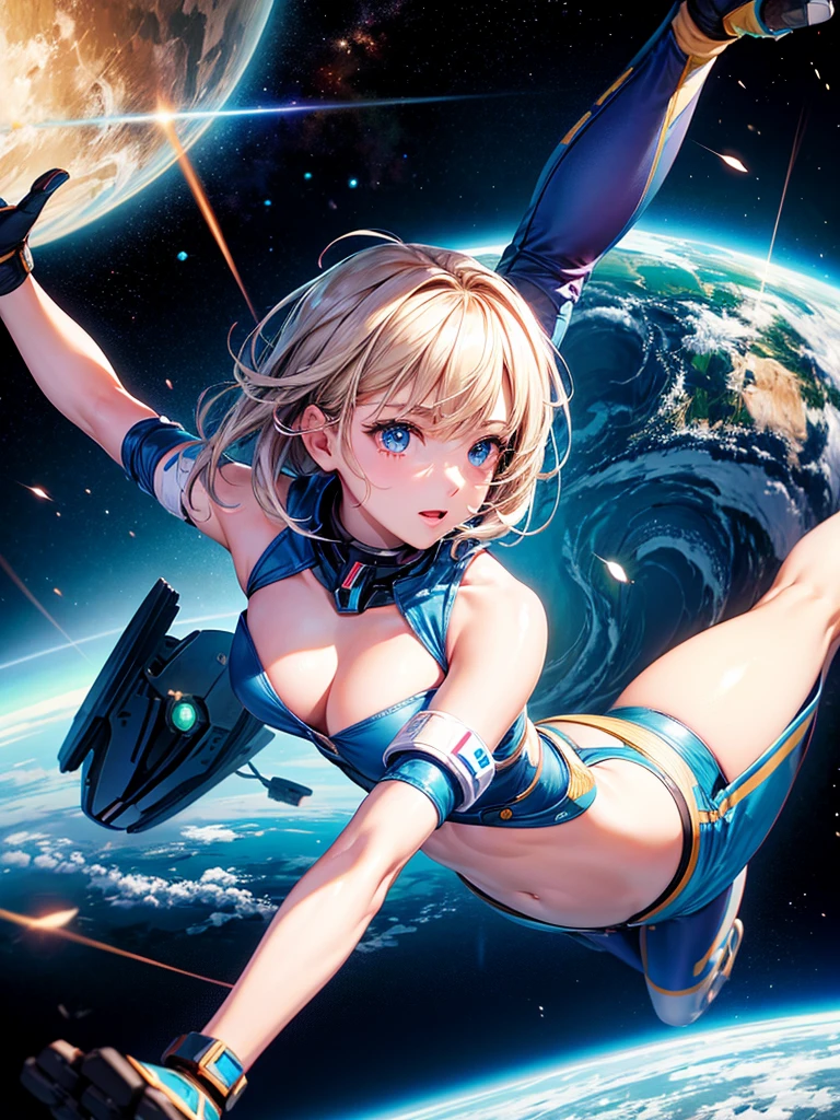 Highest quality,Highest Resolution,A beautiful android girl flying in space,Earth in the background,Equipped with cutting-edge technology,