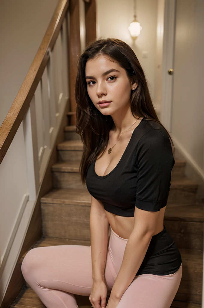 1girl in, age 25, Square face, Long hair, Looking at Viewer, jewelry, Realistic, A sexy, Leggings outfits, multicolored outfits, Old staircase background, sleep pose