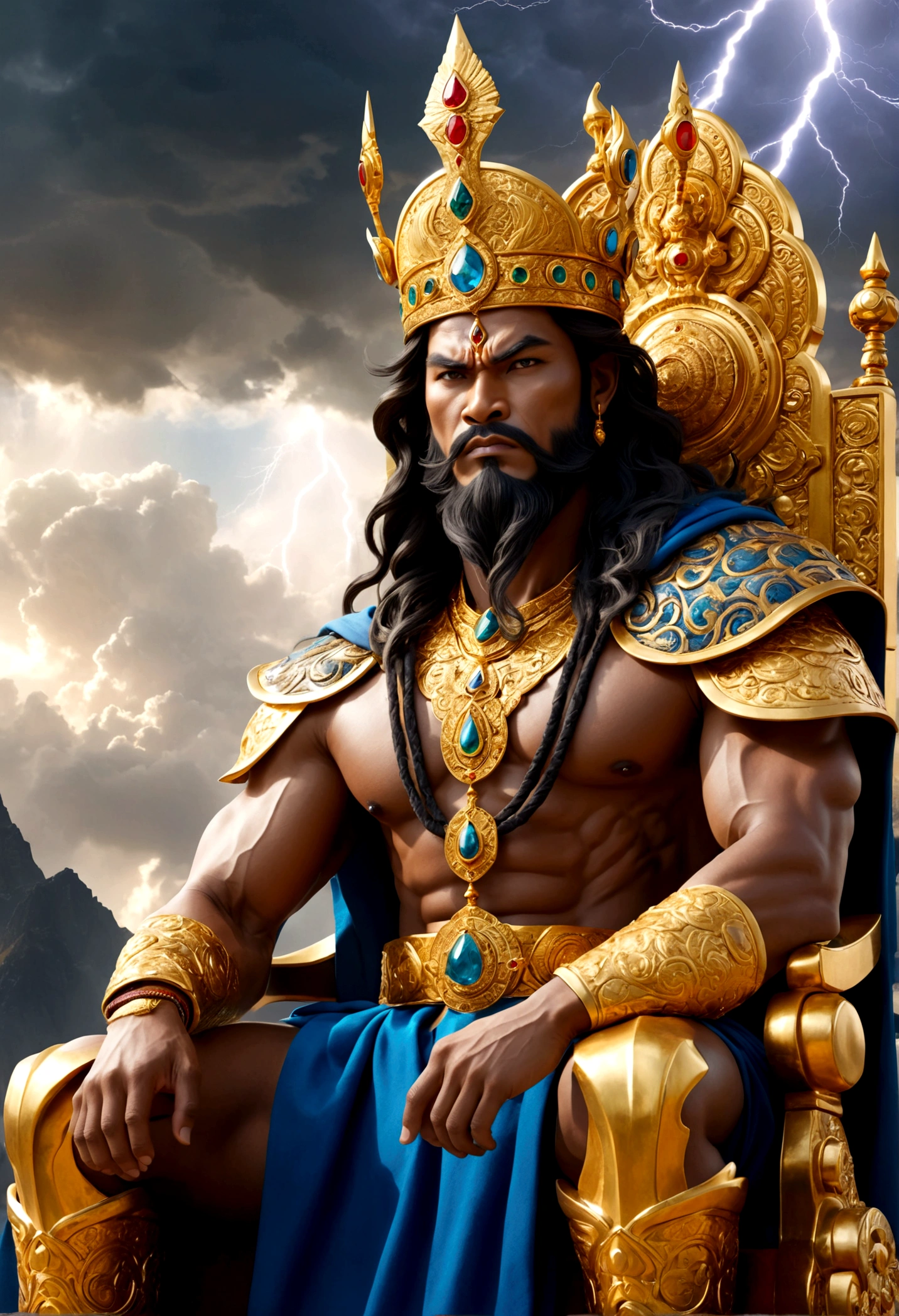 A majestic deity sitting on a gold throne, high atop a mountain, under a sky filled with dark, thunderous clouds. His crown, embedded with gems, signifies his status as a king. Strong and formidable, his hands wield a scepter radiating with the powerful energy of thunder. His attire is regal, made out of luxurious fabrics, bright as lightning. His face reflects wisdom and indomitable spirit, his eyes glow with a thunder-like intensity. His overall appearance emanates an aura of divinity and power, truly fit for the King of the Gods of Thunder