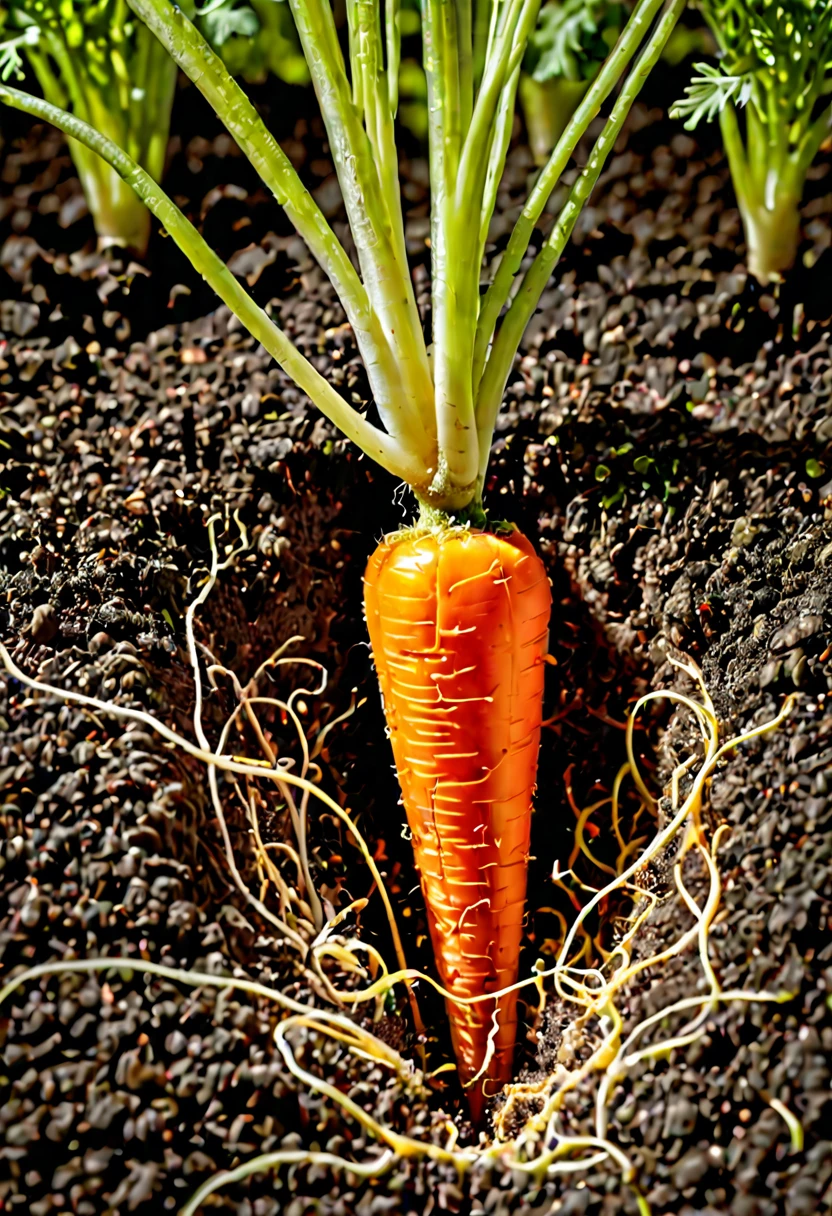 masterpiece, intricate detail, 8K, HDR,
Cross section of a carrot growing in the ground. A scientific perspective on the cross section of a carrot growing.