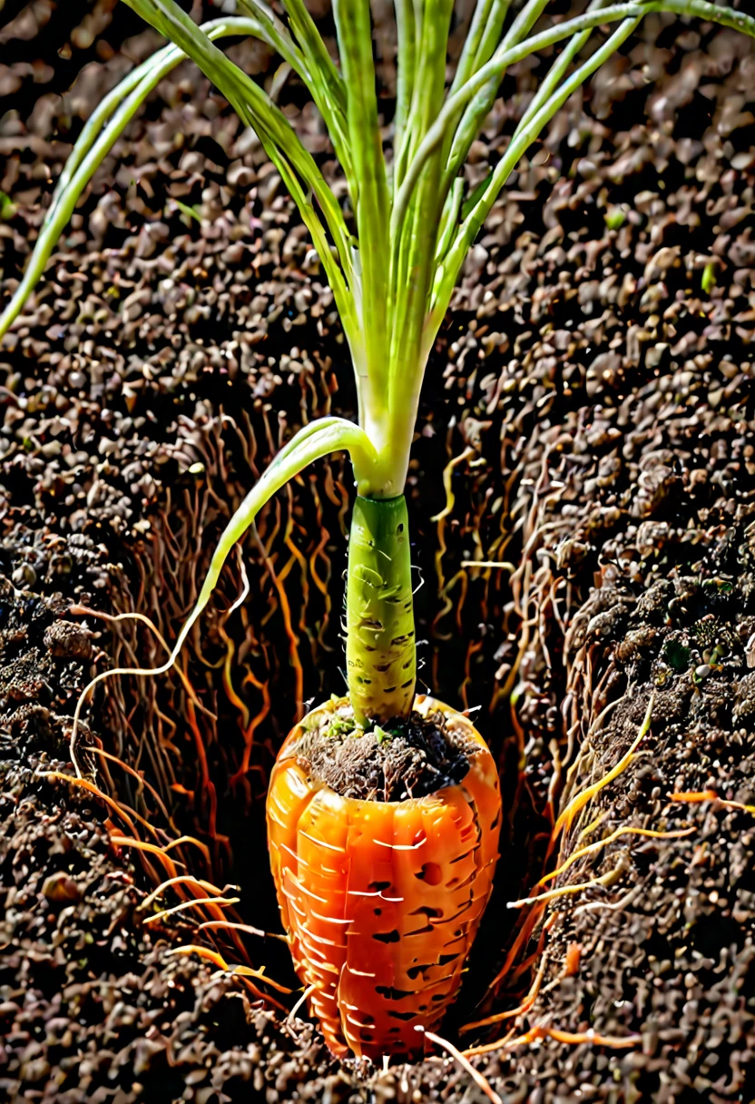 masterpiece, intricate detail, 8K, HDR,
Cross section of a carrot growing in the ground. A scientific perspective on the cross section of a carrot growing.