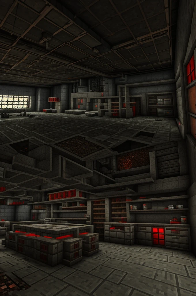 A destroyed laboratory that is all dark and that only a red light illuminates a little. That is Minecraft style