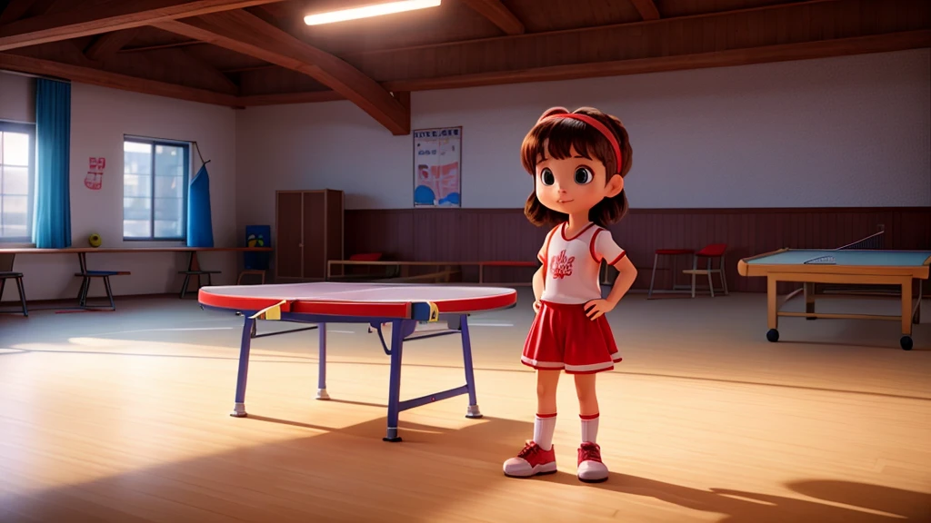 In a brightly lit gymnasium, a little girl stands at the ping pong table,