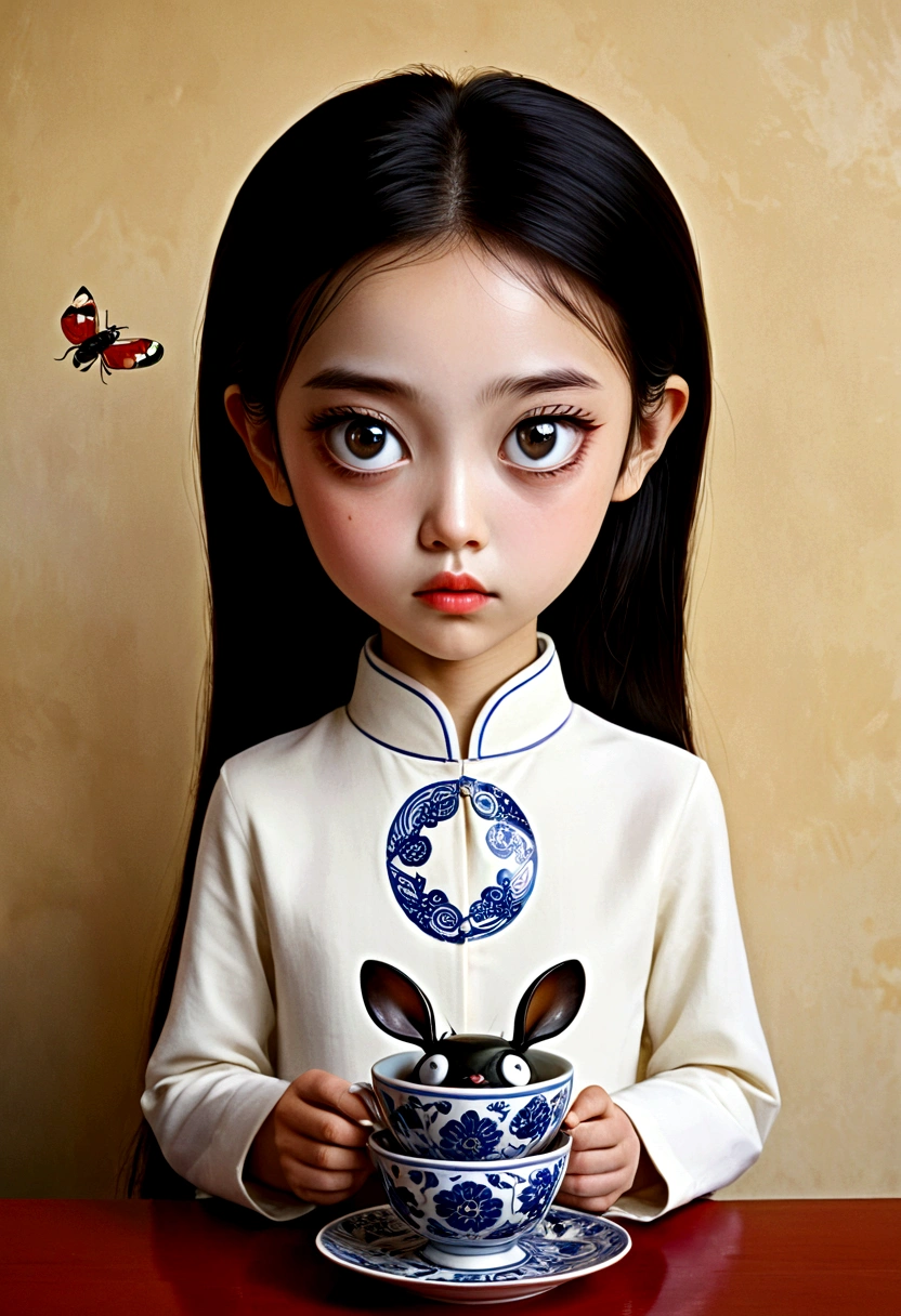 A young Satanichia Karimizhi, With her enormous complacent eyes she looks very attentively at the ants that come out of the tea cups that have geometrically impossible shapes and decorated with fantastic shapes., and showing the fierceness of Chinese ceramics, everything as if it were a dream by Tim Burto