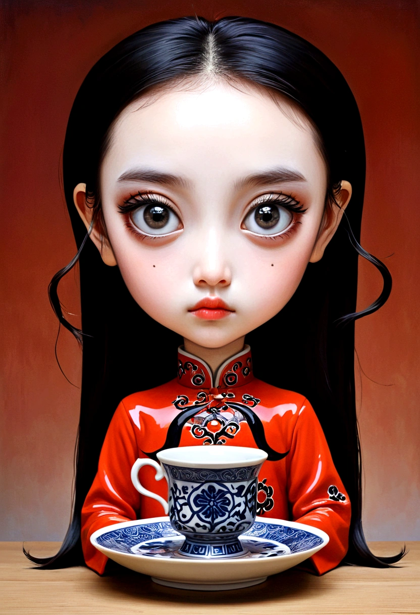 A young Satanichia Karimizhi, With her enormous complacent eyes she looks very attentively at the ants that come out of the tea cups that have geometrically impossible shapes and decorated with fantastic shapes., and showing the fierceness of Chinese ceramics, everything as if it were a dream by Tim Burto