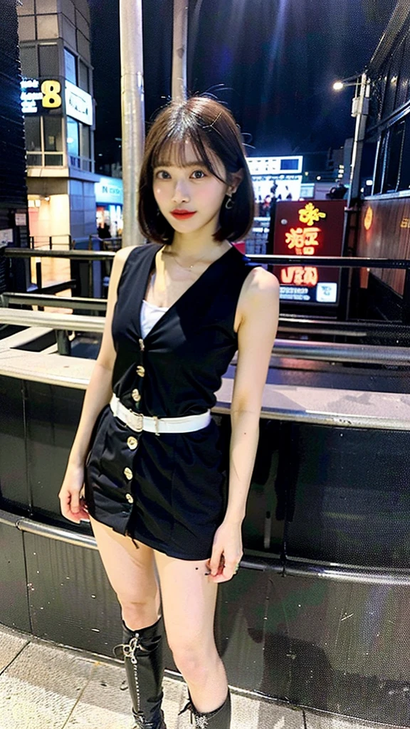 (Highest quality, 8K, 32k, masterpiece, Ultra-high resolution: 1.2), Cute Japanese Women Photos, Short Bob Hair, Full body view, Extra Large_one piece, Earrings, Model pose,(Cinematic aesthetics:1.4) Bokeh city night photo of beautiful Korean fashion model
