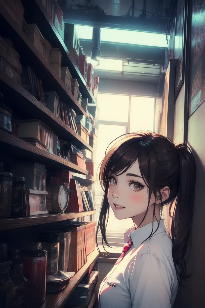 (Smoother lighting:1.05), (Improving the lighting quality of movies:0.9), One girl, Realistic lighting, Backlight, Light on the face, Ray-tracing, (Bright light:1.2), (Highest quality, masterpiece), 16 year old female, smile, Laughter, , White shirt, tie, Pigtails, Long Hair, Redhead, blush, View Viewer, cute, Captivating eyes, (Brown eyes), slouch, School corridor
