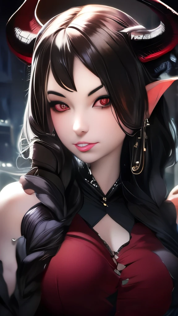a painting of a woman with horns and red eyes, demon girl, demon woman, with red glowing eyes, horns and red eyes, beautiful succubus, portrait of a female demon, succubus, by Gerald Brom, portrait of demon girl, by Bastien L. Deharme, by Jeffrey Catherine Jones, inspired by Jeffrey Catherine Jones