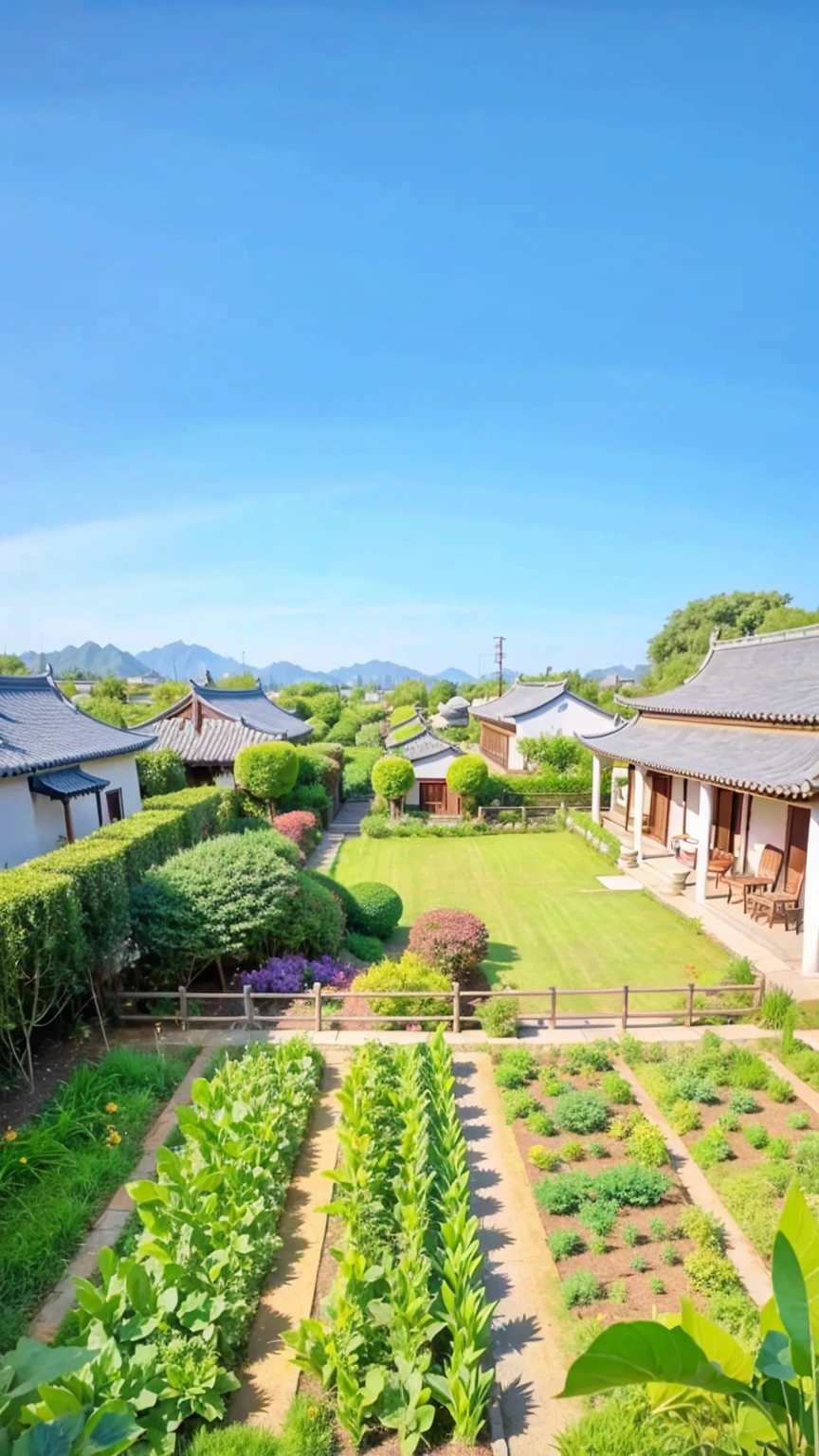 China Village house style in the 80s，There is a small garden，The sky is full of sunsets，Sunset，Many vegetables are grown indoors, There is a garden, suburban garden, Garden, There is a garden as foreground, garden environment, landscape, Hangzhou, Idyllic and fertile land, Beautiful images, home garden, nanquan, China Village, Sunny time，Peaceful scene，masterpiece，Anime Background Art，Studio Ghibli Art，Ghibli style