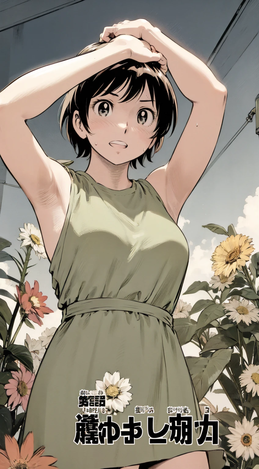 、(masterpiece、Highest quality)、Highest quality, Ultra-high resolution, (((masterpiece))), alone, Sweat、Big eyes, Please show me your armpits, No sleeve、Outdoor、Floral dress、Composition from the front、(Cut the back hair short、short hair、blonde、woman)、Shortcuts、Embarrassed face、Cut your hair short、可愛いwomanの子、Big Breasts