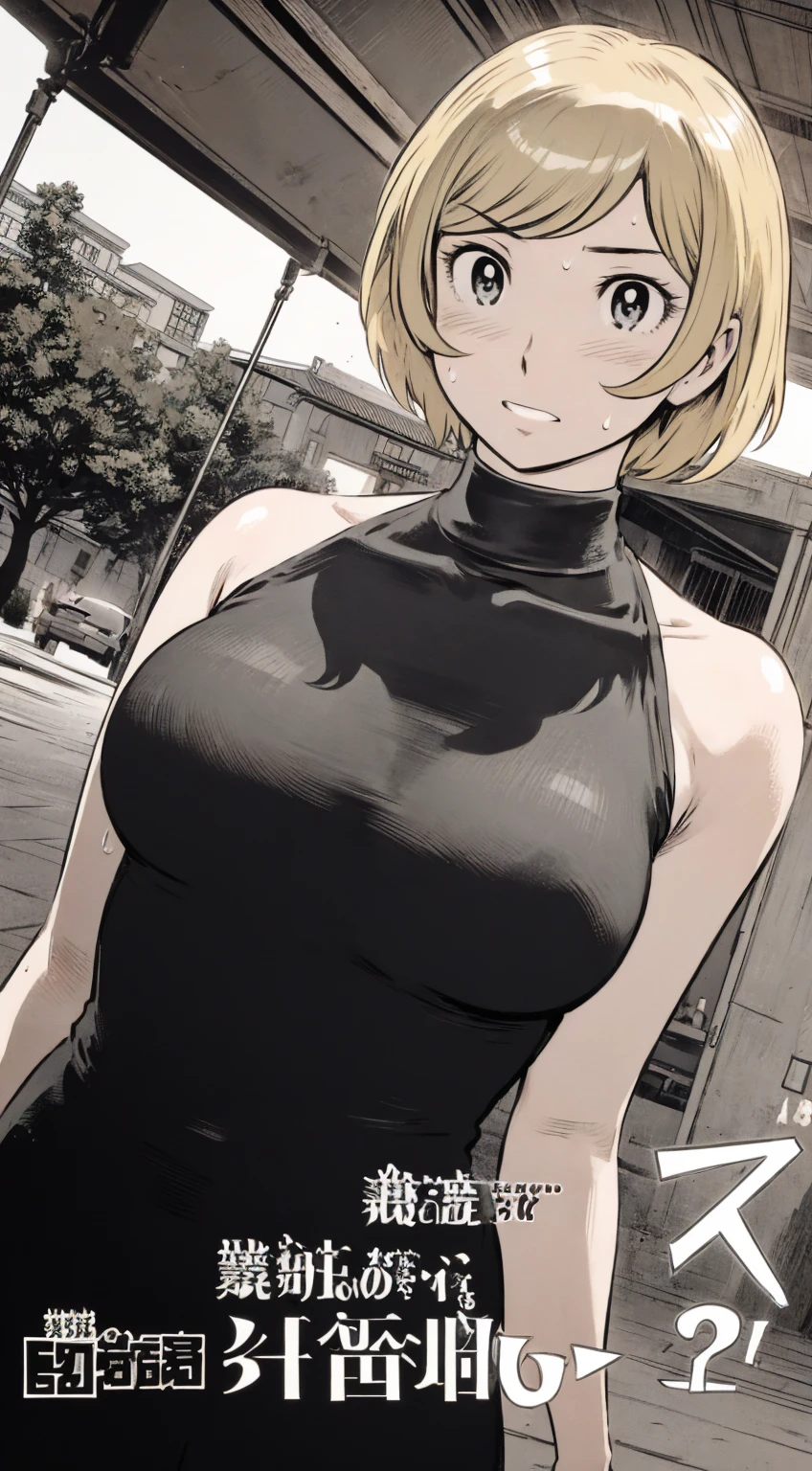 、(masterpiece、Highest quality)、Highest quality, Ultra-high resolution, (((masterpiece))), alone, Sweat、Big eyes, Please show me your armpits, No sleeve、Outdoor、Floral dress、Composition from the front、(Cut the back hair short、short hair、blonde、woman)、Shortcuts、Embarrassed face、Cut your hair short、可愛いwomanの子、Big Breasts