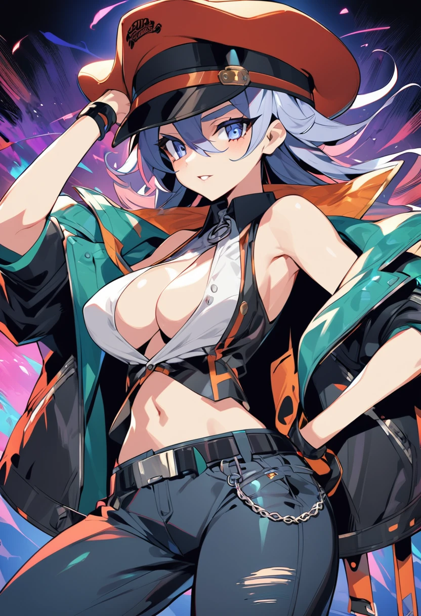 A woman in 2d anime style gangster clothes with her shirt open with her breasts showing