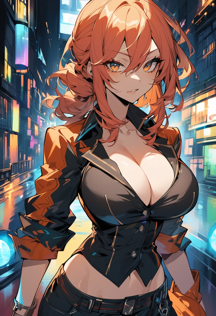 A woman in 2d anime style gangster clothes with her shirt open with her breasts showing