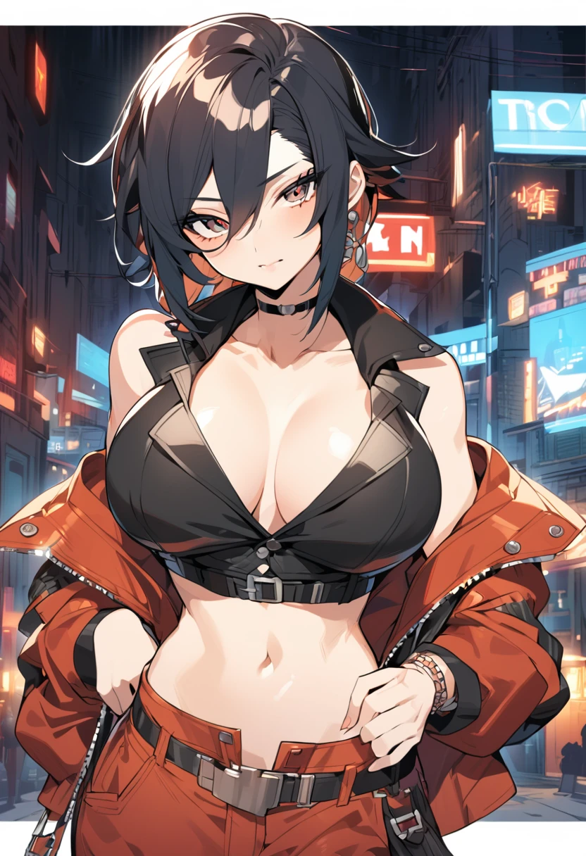 A woman in 2d anime style gangster clothes with her shirt open with her breasts showing