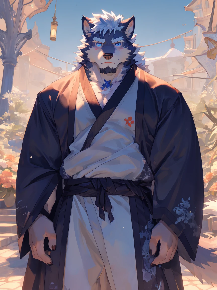 (Gorgeous platinum robe:1.4),(Great posture),(A gorgeous house in the background，The front is:1.5),(Abdominal muscles),Brave and Valiant,完美的masterpiece,Various facial details,Close-up view,specific description,masterpiece，only，Hairy Male，Hairy chest，Wolf，Canines，silver white fur，Long white hair，The ends of the hair are silver，Bright blue eyes，charming，Handsome，Big Tail，Full body male love，Star magic，masterpiece，detailed，There is a star texture on the forehead，Robes