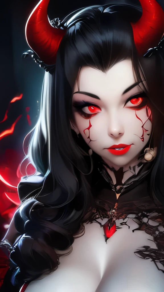 a painting of a woman with horns and red eyes, digital art by Gerald Brom, trending on cgsociety, gothic art, demon girl, demon woman, with red glowing eyes, horns and red eyes, beautiful succubus, portrait of a female demon, succubus, portrait of demon girl, tiefling, bastien lecouffe - deharme