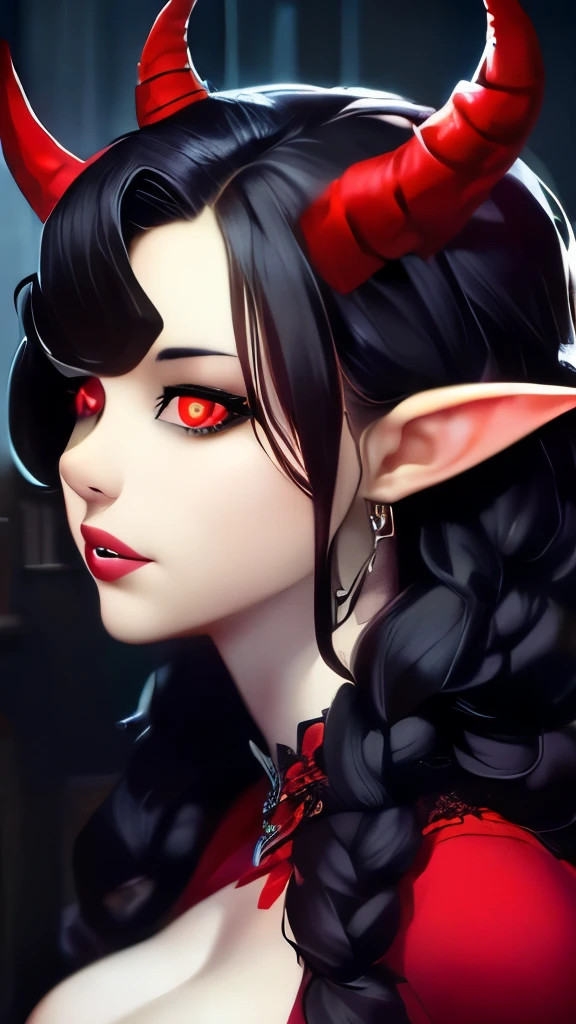 a painting of a woman with horns and red eyes, digital art by Gerald Brom, trending on cgsociety, gothic art, demon girl, demon woman, with red glowing eyes, horns and red eyes, beautiful succubus, portrait of a female demon, succubus, portrait of demon girl, tiefling, bastien lecouffe - deharme