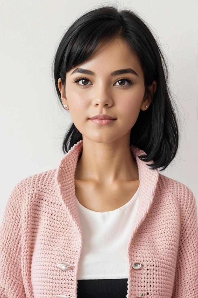 A young woman on a white background with short, shoulder-length black hair. With light pink jacket and black blouse. Holding hooks in your hands to knit Crochet.