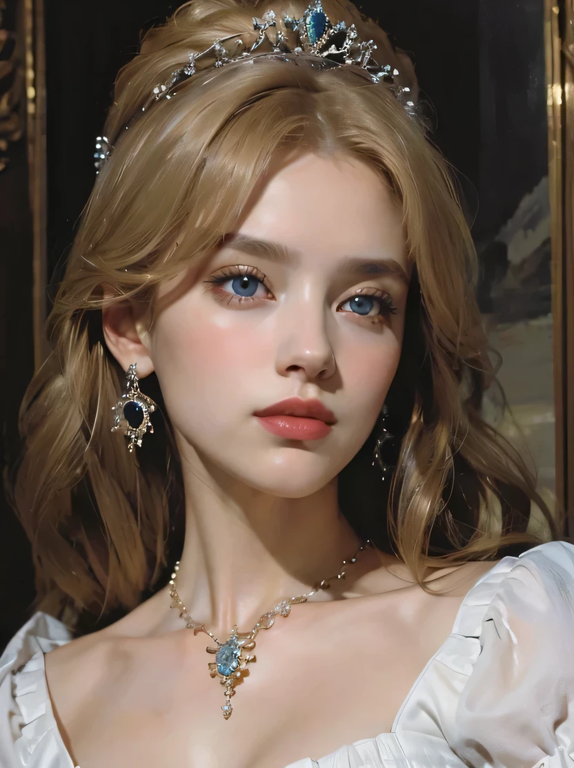 ((masterpiece、Highest quality、Very detailed、High resolution、Realistic、Sharp focus))、((Stunningly beautiful blonde woman、(Mid Shot)、Brightness of the face))、High contrast、High saturation、Stunning and gorgeous painting、Marie Antoinette、Gorgeous dress、crown、necklace、Fantasy Portrait、Long Hair、Earrings、blue eyes、Detailed hand drawing、The background is a medieval room、oil painting