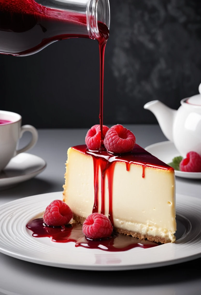 a piece of cheese cake with raspberry, white ceramic plate, dripping red juice, ((bright theme)),  (masterpiece),((ultra-detailed)), (highly detailed CG illustration),(expressionless), (best quality:1.2), High quality texture, intricate details, detailed texture, High quality shadow, Cinematic Light, Depth of field, light source contrast, perspective,20s, (ulzzang-6500-v1.1:0.5), 