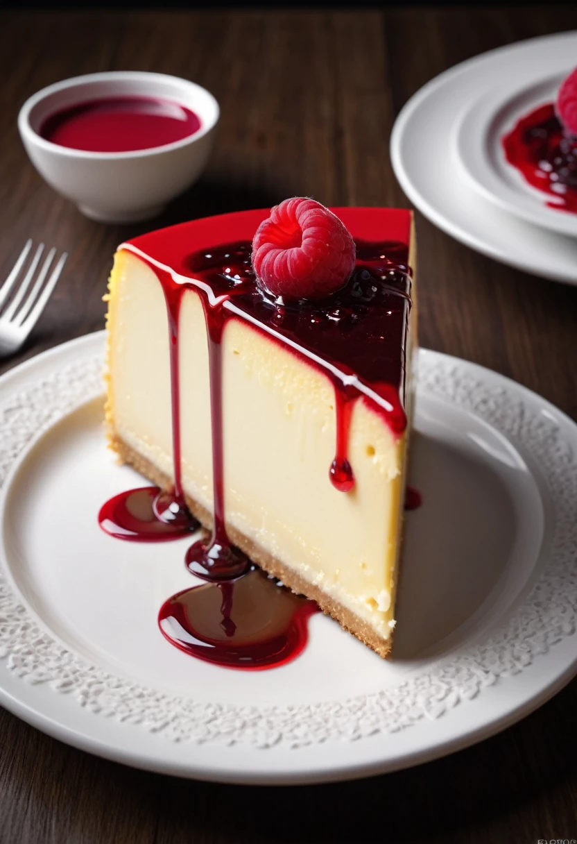 a piece of cheese cake with raspberry, white ceramic plate, dripping red juice, ((bright theme)), (masterpiece),((ultra-detailed)), (highly detailed CG illustration),(expressionless), (best quality:1.2), High quality texture, intricate details, detailed texture, High quality shadow, Cinematic Light, Depth of field, light source contrast, perspective,20s, (ulzzang-6500-v1.1:0.5),