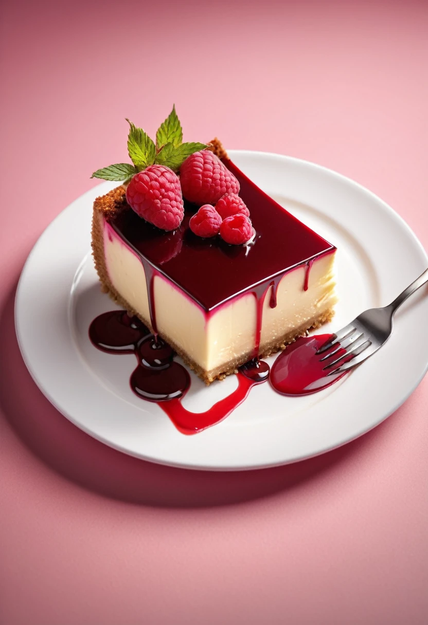 a piece of cheese cake with raspberry, white ceramic plate, dripping red juice, ((bright theme)), (masterpiece),((ultra-detailed)), (highly detailed CG illustration),(expressionless), (best quality:1.2), High quality texture, intricate details, detailed texture, High quality shadow, Cinematic Light, Depth of field, light source contrast, perspective,20s, (ulzzang-6500-v1.1:0.5),