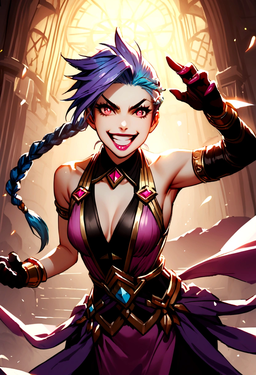 Jinx from league of legends in an action pose with a maniacal grin