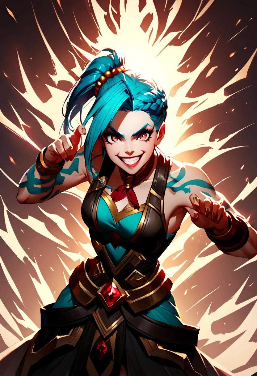 Jinx from league of legends in an action pose with a maniacal grin