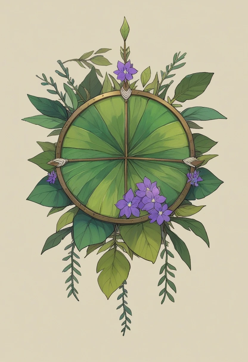 Create a detailed digital illustration with a deep mustard yellow-brown background. Incorporate symmetrical geometric shapes resembling traditional tribal or ethnic designs, using white, black, red, and hints of green. Include angular, arrow-like designs with symmetrical branches and diamond shapes with intricate patterns inside. Seamlessly integrate realistic botanical elements, such as green leafy plants and purple flowers, into the pattern. Use small, square dots in alternating white and brown to create distinct borders along the edges and within the pattern. Arrange all elements in a balanced, aesthetically pleasing manner, with geometric lines connecting the different elements harmoniously.